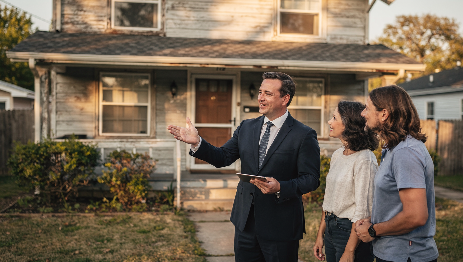 realtor recommending what home improvements should be done to a house to a couple outside their house
