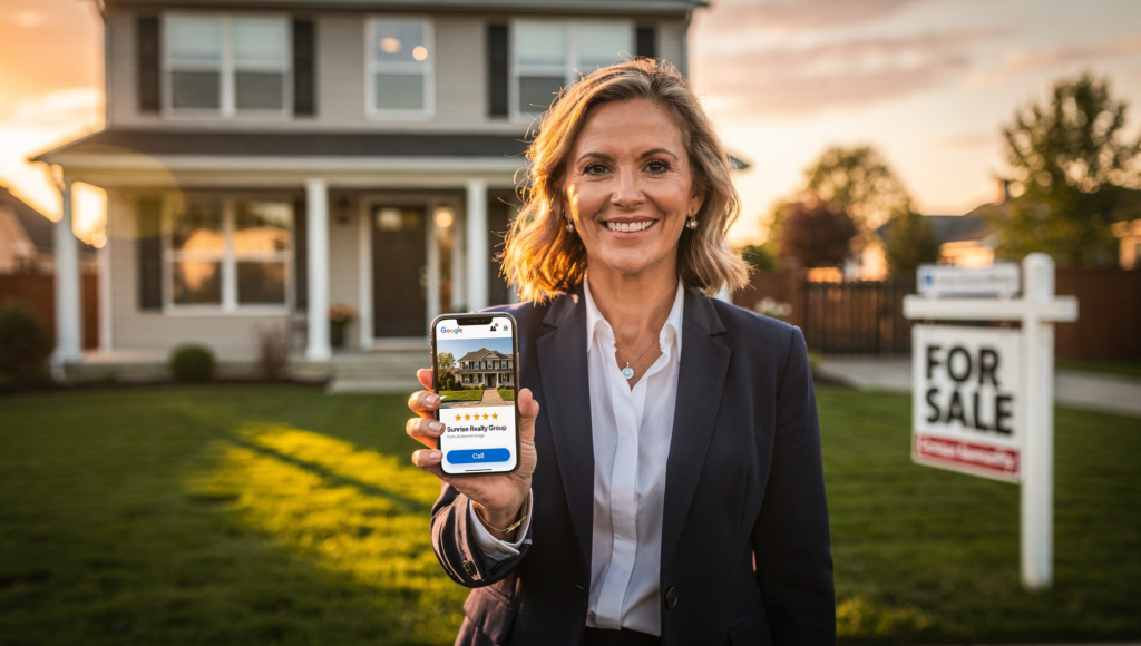 Real estate agent holding smartphone with Google Business Profile in front of a house for sale