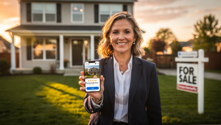 Real estate agent holding smartphone with Google Business Profile in front of a house for sale