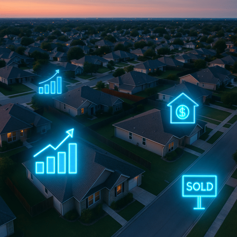 Suburban neighborhood with holographic graphs and home value icons symbolizing a realtor monthly market report.