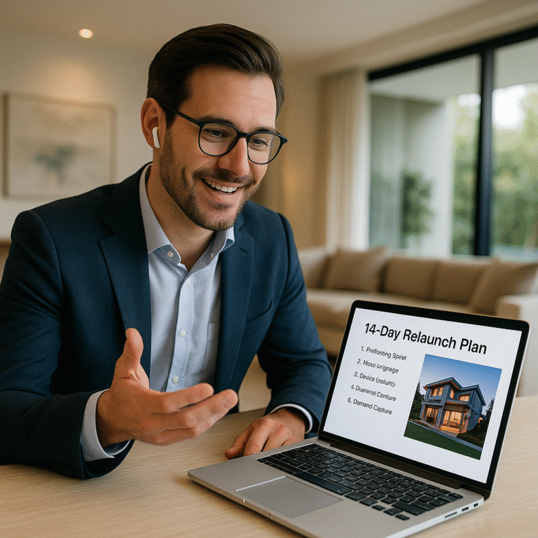 Realtor presenting a 14-day expired listing relaunch plan on a laptop in a modern home.