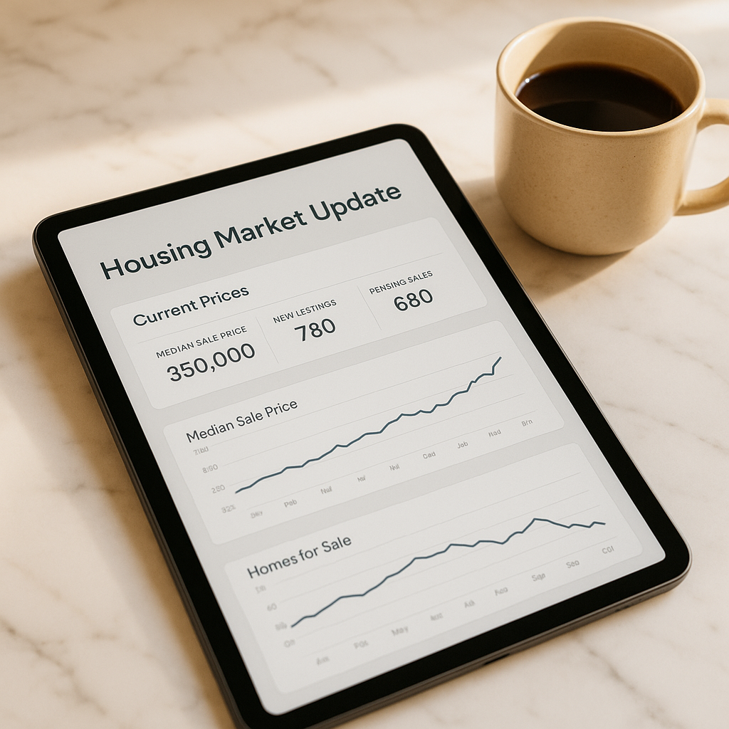 Tablet on a marble desk showing housing market trends for realtors.