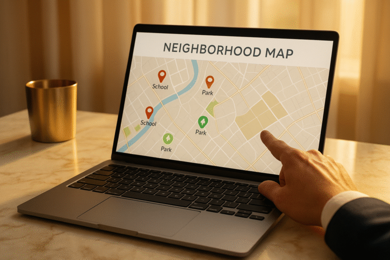 Laptop showing a neighborhood map with schools and parks highlighted.