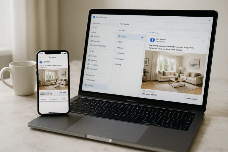Laptop showing Facebook ad manager next to a phone previewing a real estate ad.