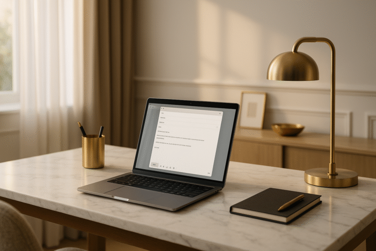 Luxury home office with laptop composing referral email on a marble desk with gold accents