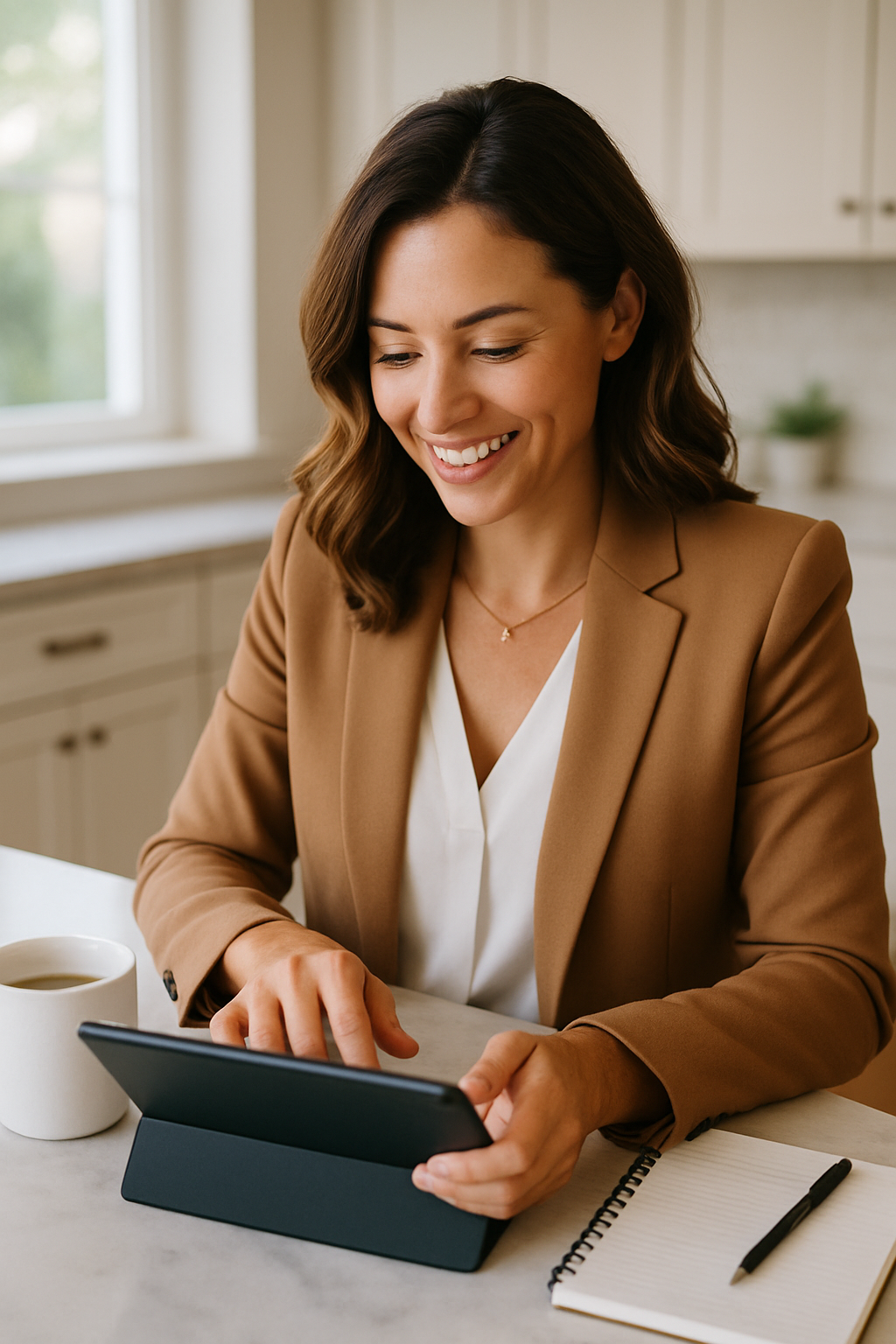 Realtor typing referral email on a tablet in a bright kitchen with coffee and notepad