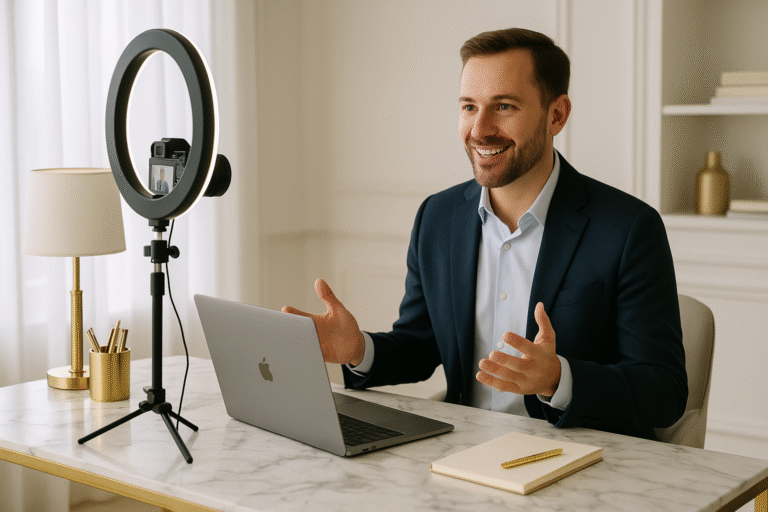 Realtor filming YouTube video at luxury home office desk with ring light and laptop