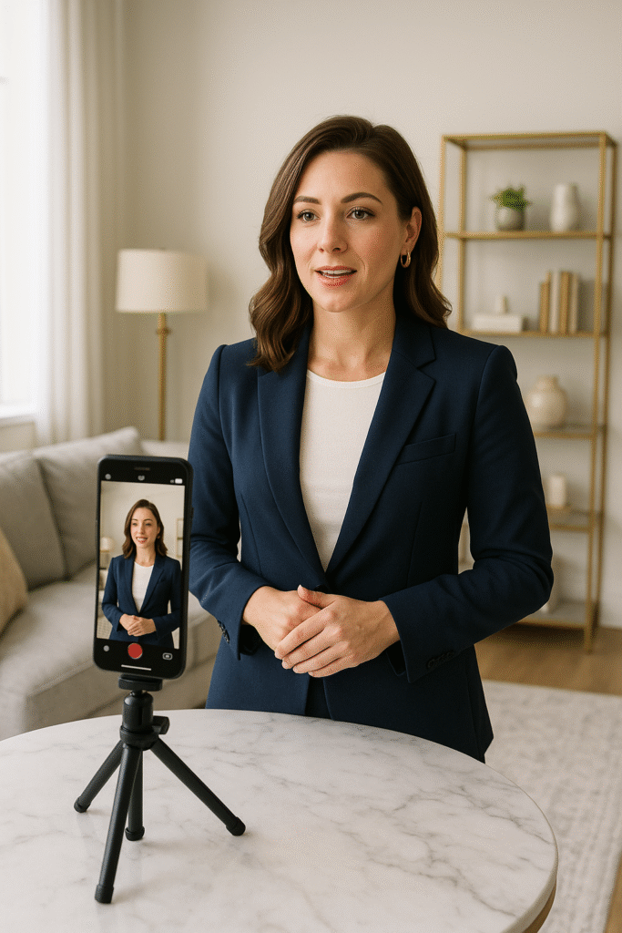 Realtor recording a TikTok home tour in a bright modern living room with luxury details