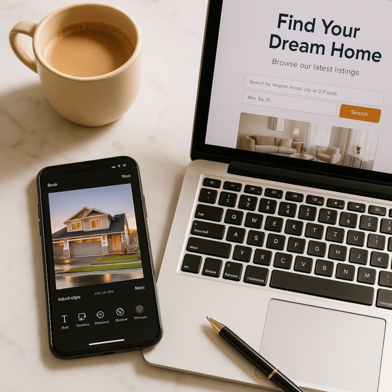 Smartphone with TikTok editor next to laptop showing real estate landing page on a marble desk with warm light