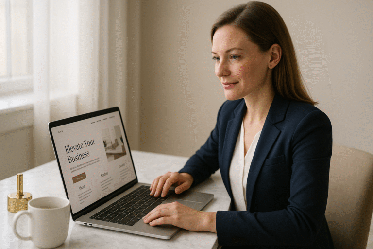 Small business owner reviewing a clean website mockup on a laptop at a bright marble desk with subtle gold accents.