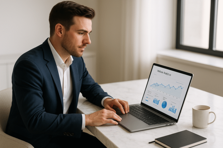 Small business owner analyzing website performance metrics on a laptop in a modern office.