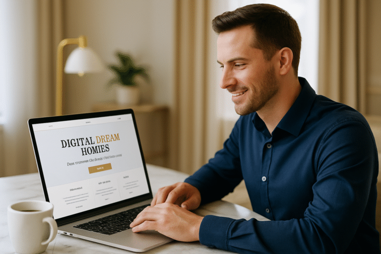 Small business owner reviewing a professional website mockup on a laptop at a marble desk with soft light and gold accents.