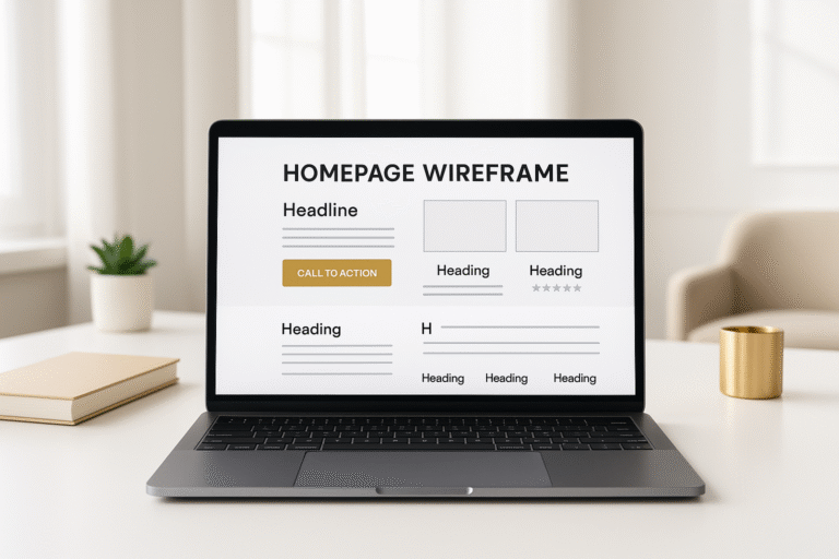 Homepage wireframe on a laptop showing clean sections and a gold call to action in a modern office.