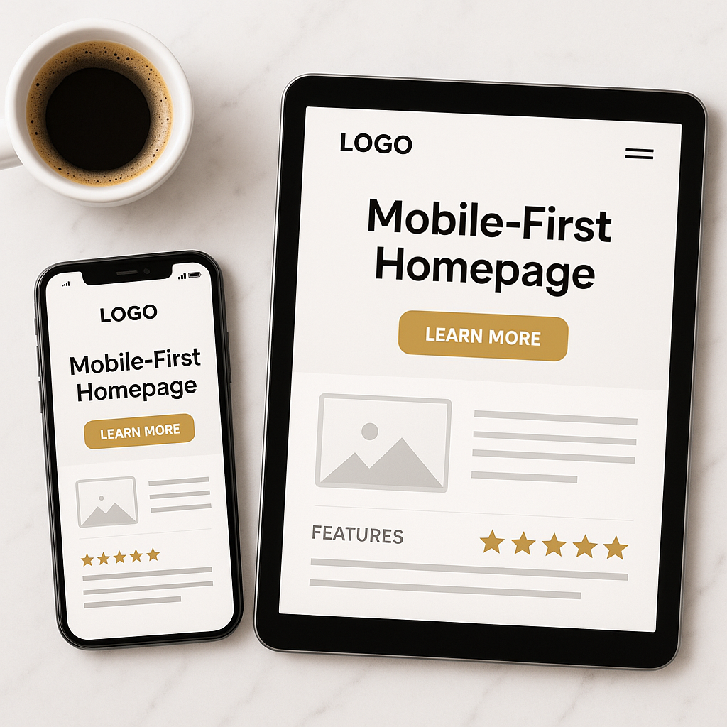 Mobile-first homepage layout on phone and tablet with clear buttons and reviews on a marble desk.