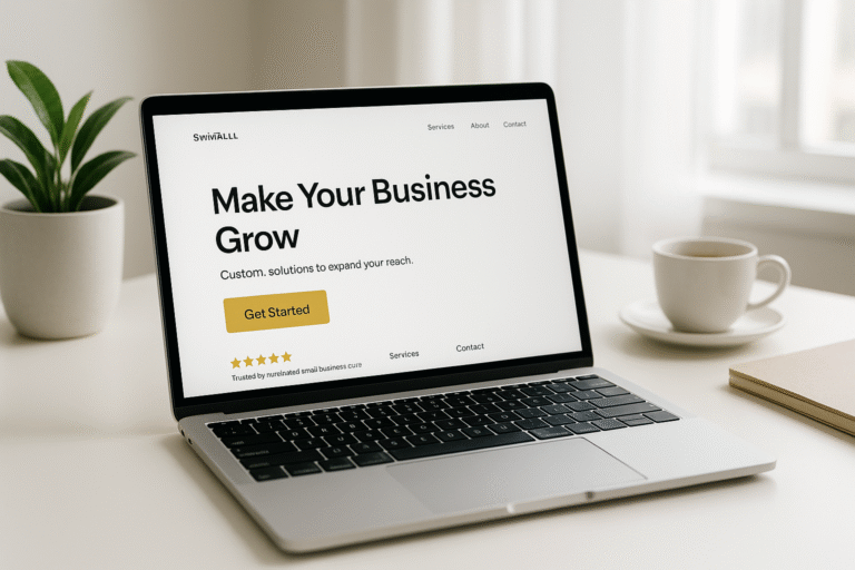 Laptop showing a conversion-focused homepage with reviews and a gold call to action on a bright desk.