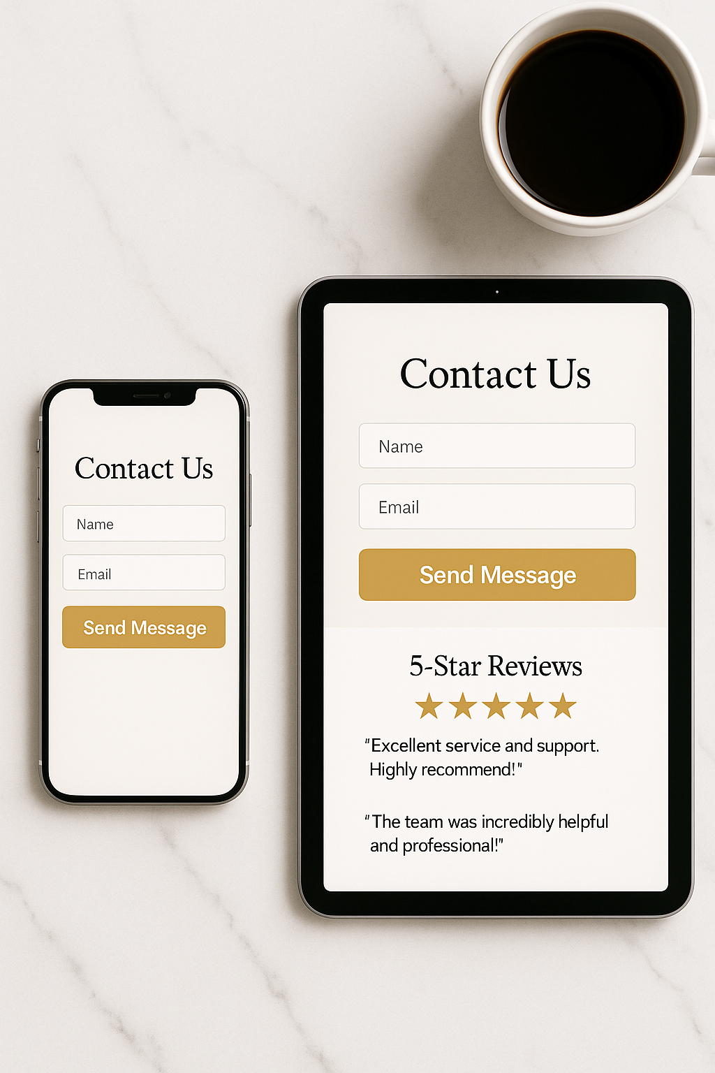 Phone and tablet displaying a mobile-friendly contact form with review stars on a marble desk.