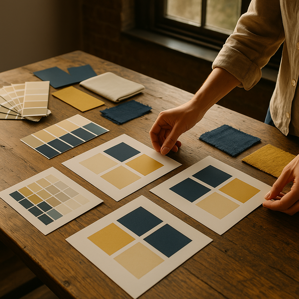 Designer arranging printed brand color swatches and palettes on a wooden table in natural sunlight