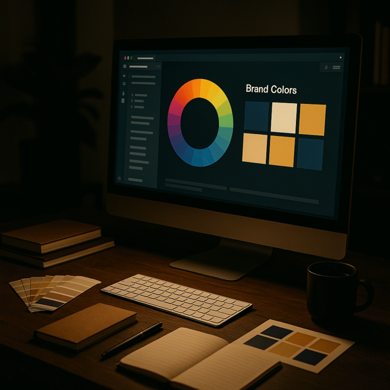 Color wheel and brand palette displayed on a computer screen in a stylish, softly lit office workspace