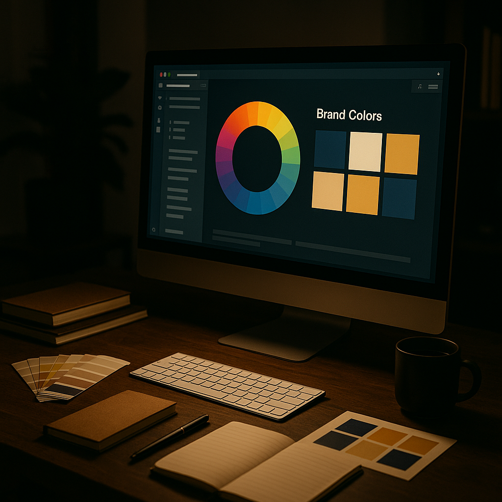 Color wheel and brand palette displayed on a computer screen in a stylish, softly lit office workspace