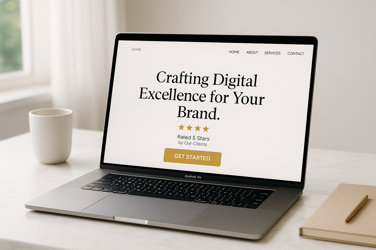 Luxury small business homepage on laptop showing clear headline, reviews, and call to action on a bright marble desk.