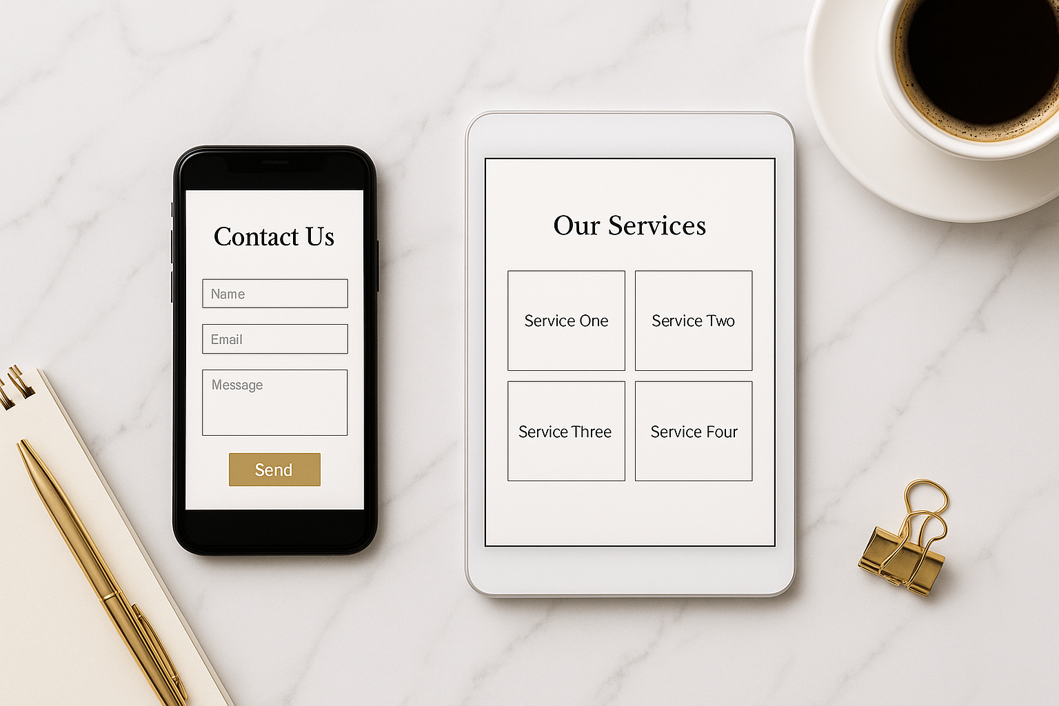 Flat lay of mobile contact form and tablet services grid on white marble for a clean professional look.