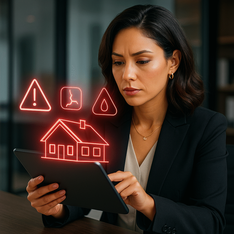 Realtor analyzing a digital home inspection report with holographic red flag icons.