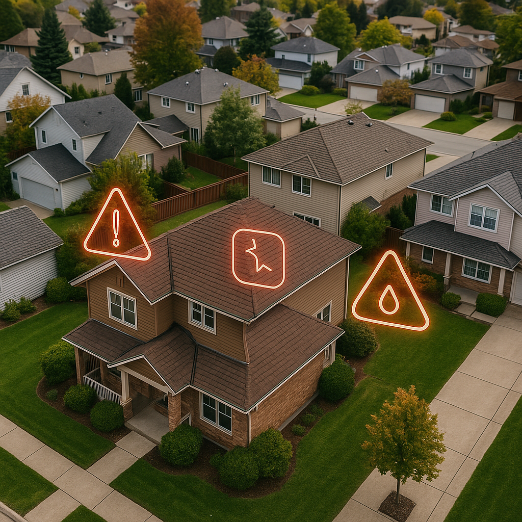 Drone view of homes with holographic inspection red flag icons floating above rooftops.