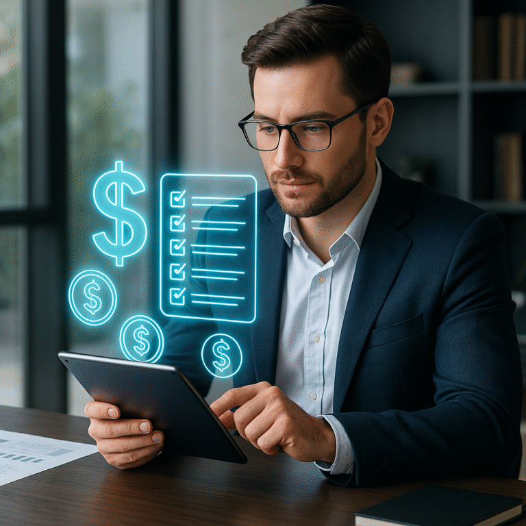 Realtor reviewing a digital checklist of closing costs with holographic icons in a modern office.