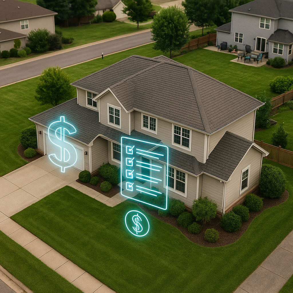 Aerial view of home with holographic dollar signs and checklists symbolizing closing cost negotiations.