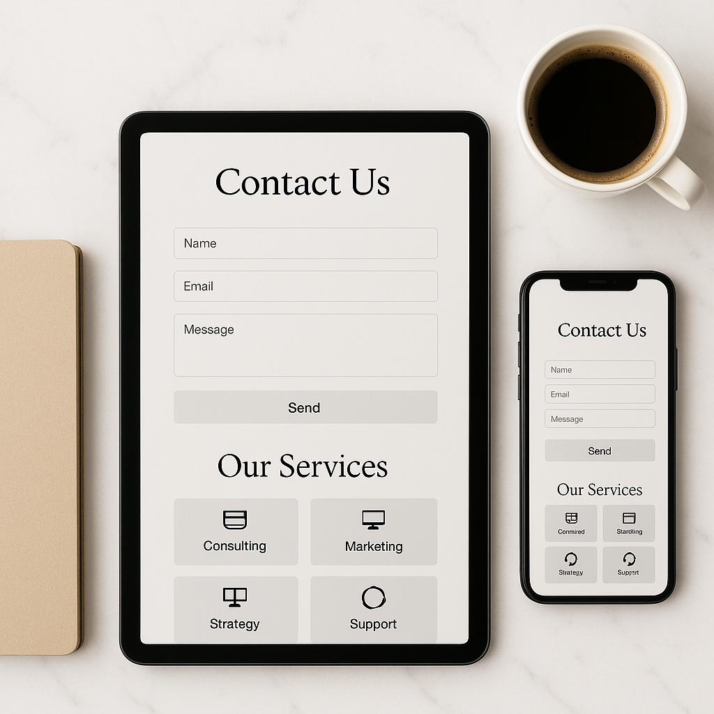 Tablet and phone on marble showing a short contact form and services grid for a small business website.