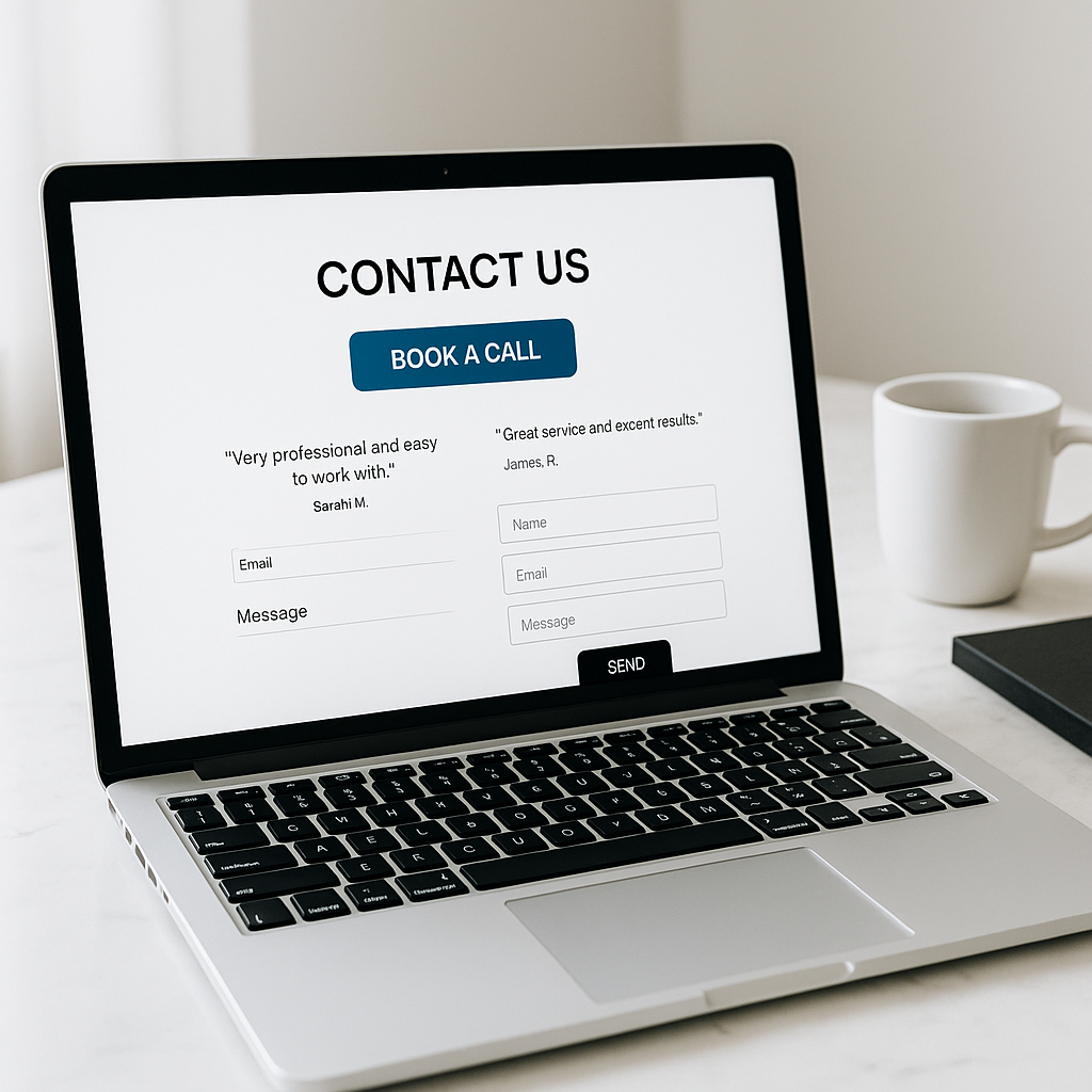 Laptop showing a simple contact page with a bold Book a Call button and short form on a bright marble desk.