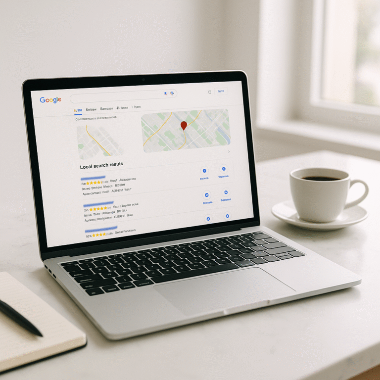 Laptop showing a highlighted local map pack on a search results page with notebook and coffee on a marble desk.