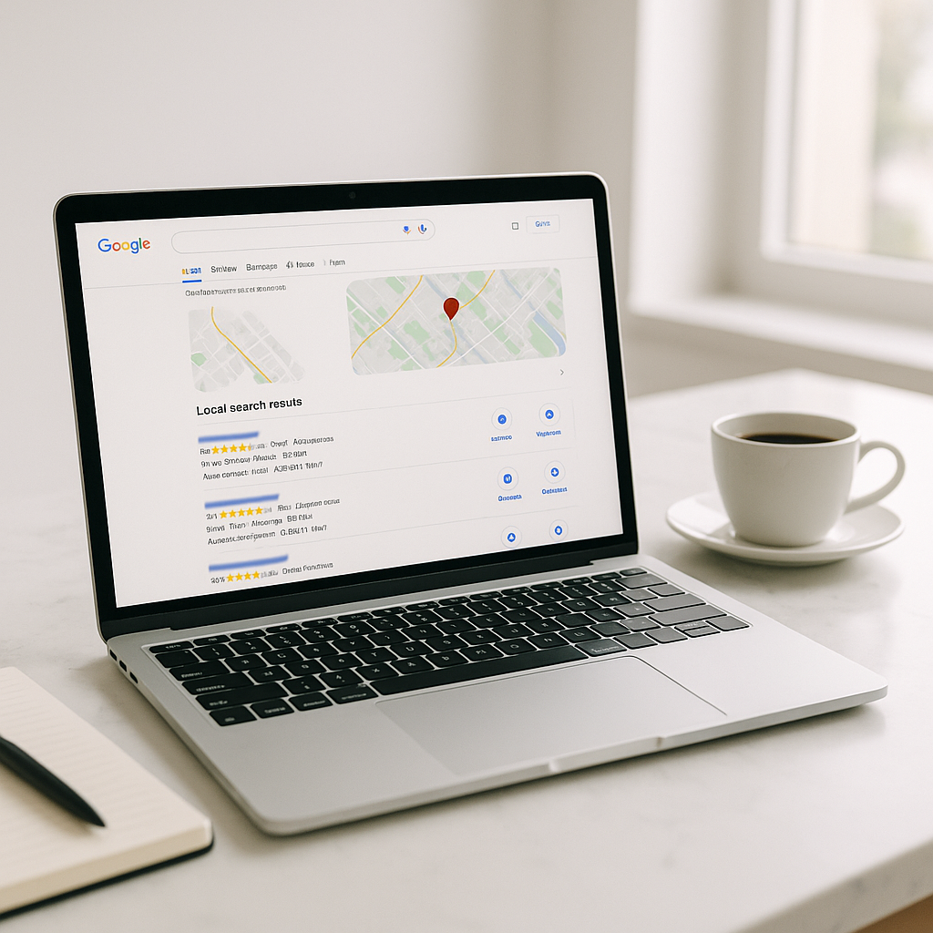 Laptop showing a highlighted local map pack on a search results page with notebook and coffee on a marble desk.
