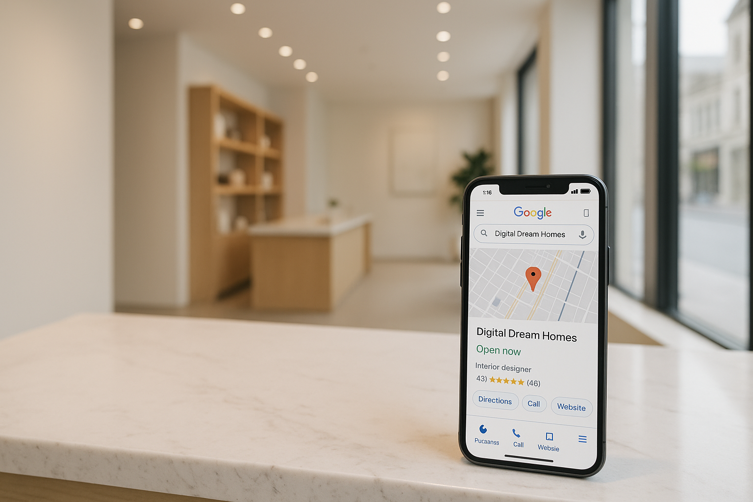 Smartphone on marble counter displaying a Google Business Profile marked Open now inside a bright modern storefront.