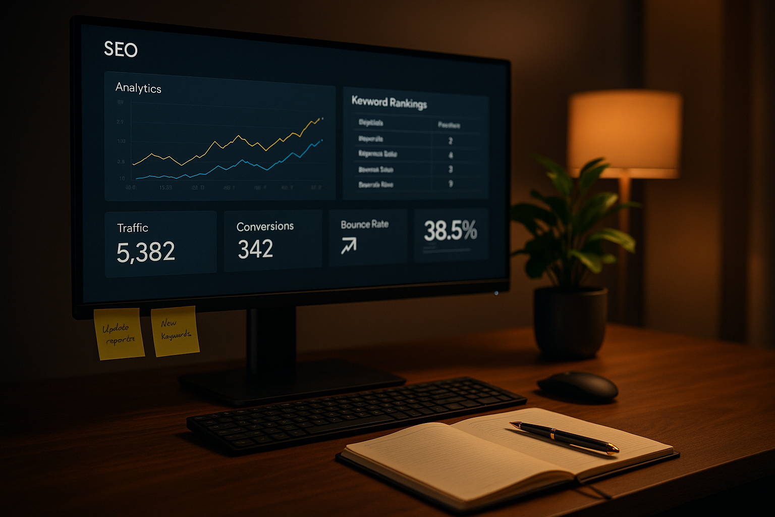 Luxurious SEO analyst workspace with glowing monitor showing keyword rankings on a walnut desk under warm evening light