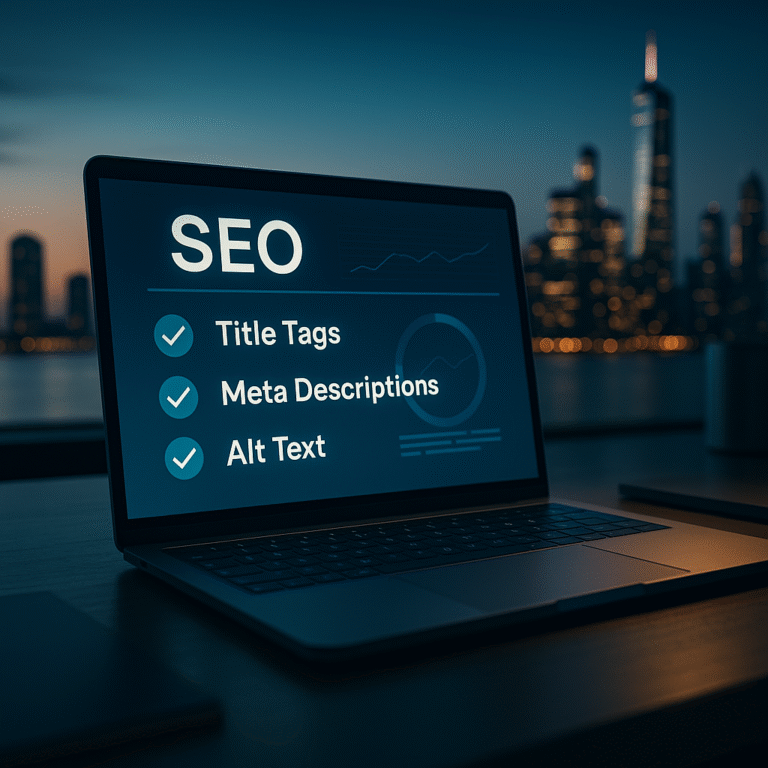 Laptop displaying SEO checklist with futuristic city reflection and blue-gold lighting in a minimal modern office