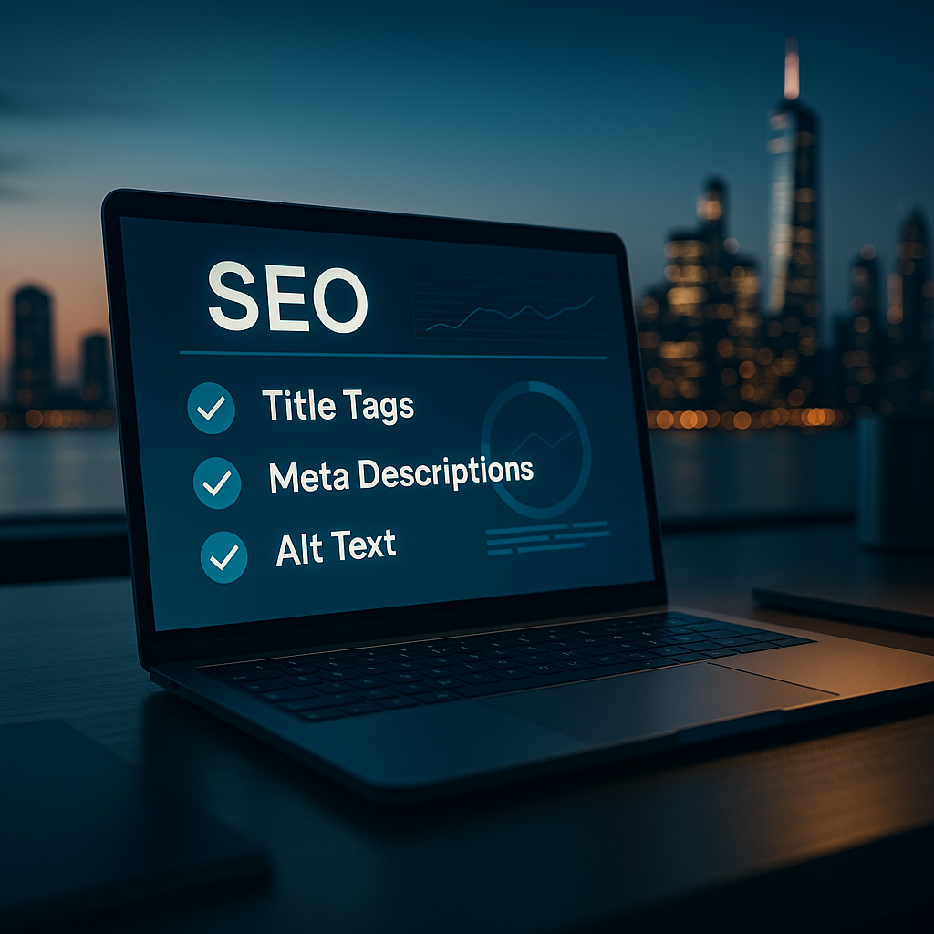 Laptop displaying SEO checklist with futuristic city reflection and blue-gold lighting in a minimal modern office