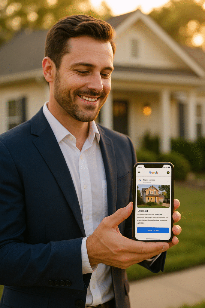 Realtor holding phone with Google Business Profile post outside a suburban listing at sunset