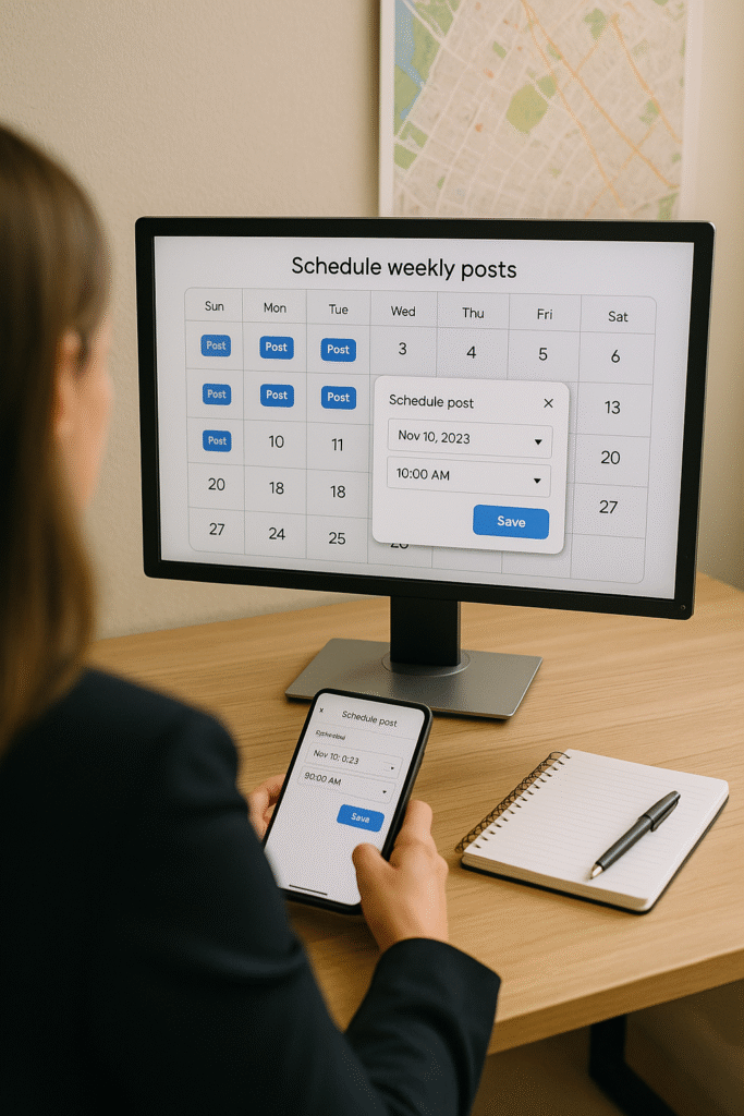 Realtor scheduling weekly Google Business Profile posts with neighborhood map in background