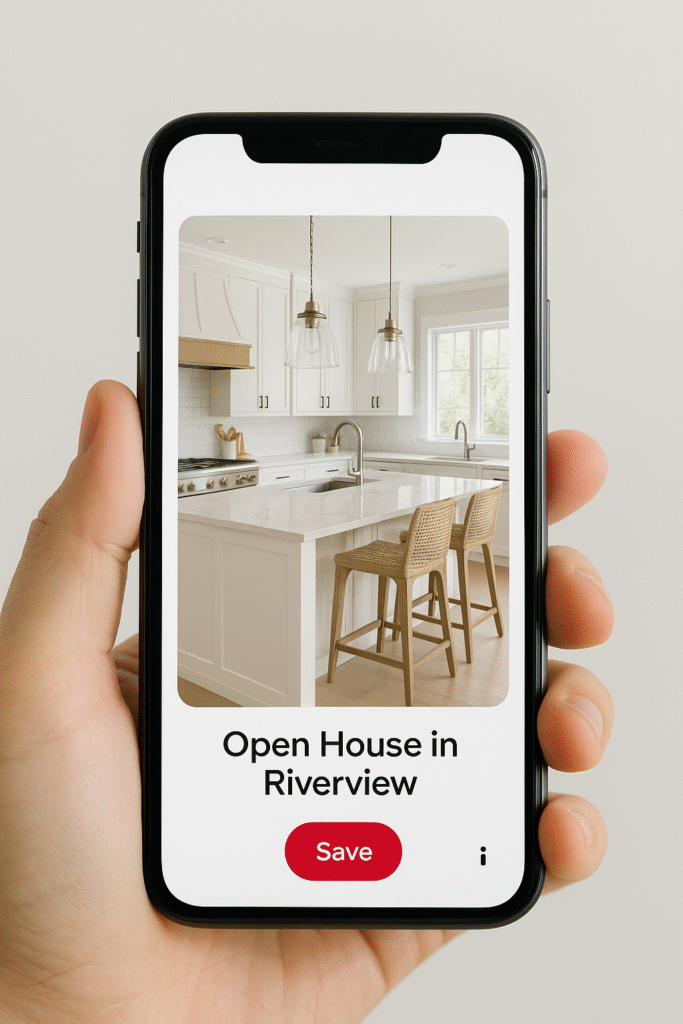 Smartphone showing Pinterest pin for an open house kitchen scene