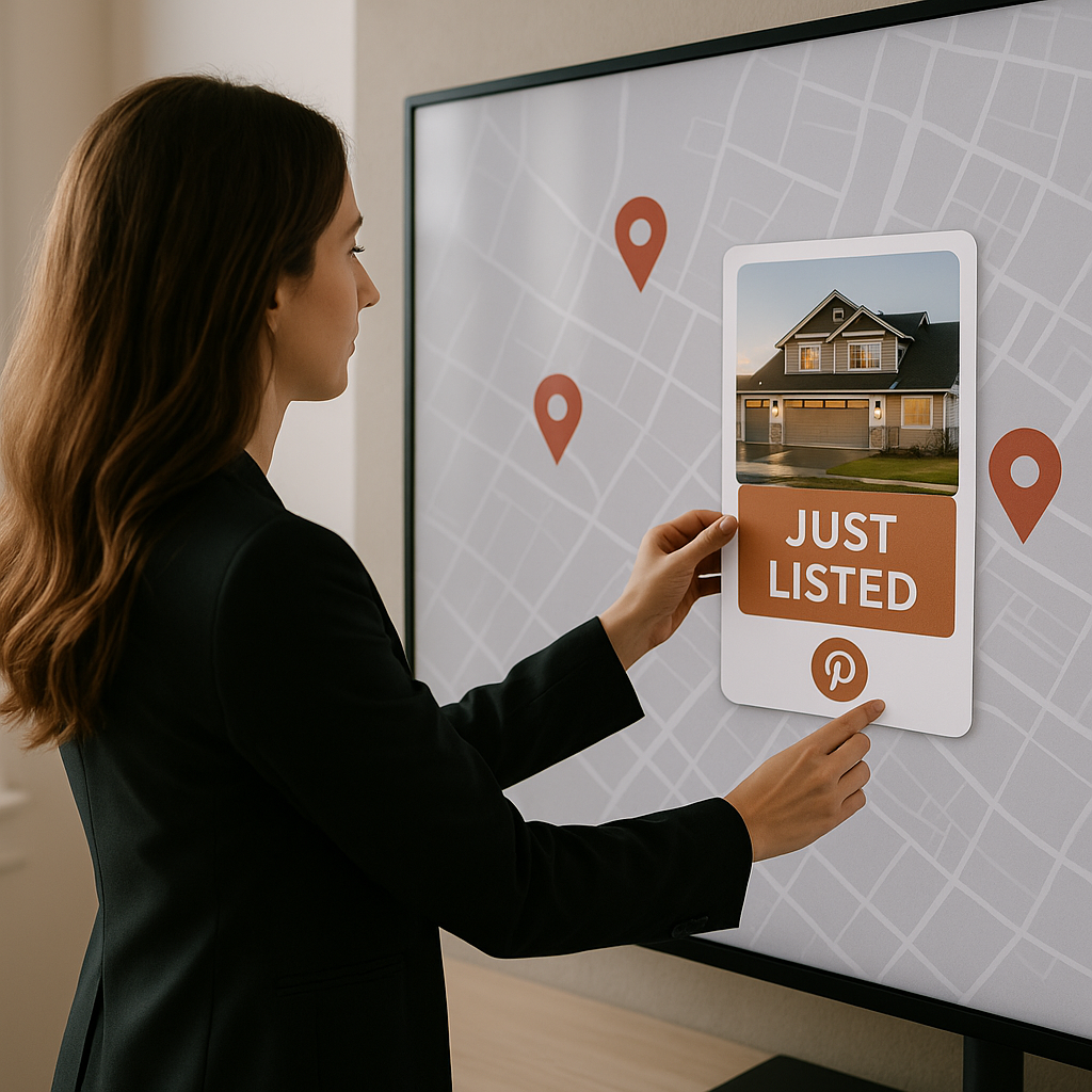 Realtor adding Just Listed pin with neighborhood map on a large screen
