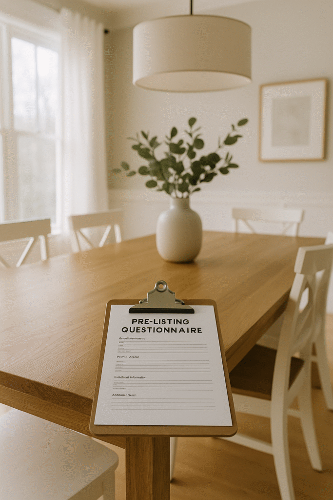 Pre-listing questionnaire on a table in a staged home before photos