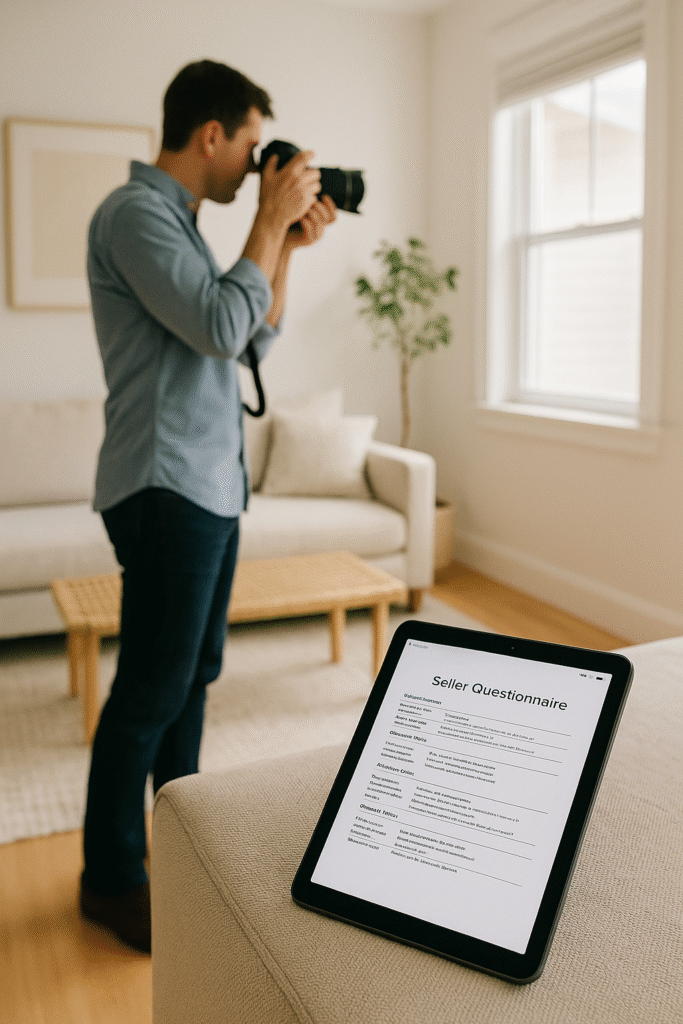 Home photographer working while the seller questionnaire shows on a tablet