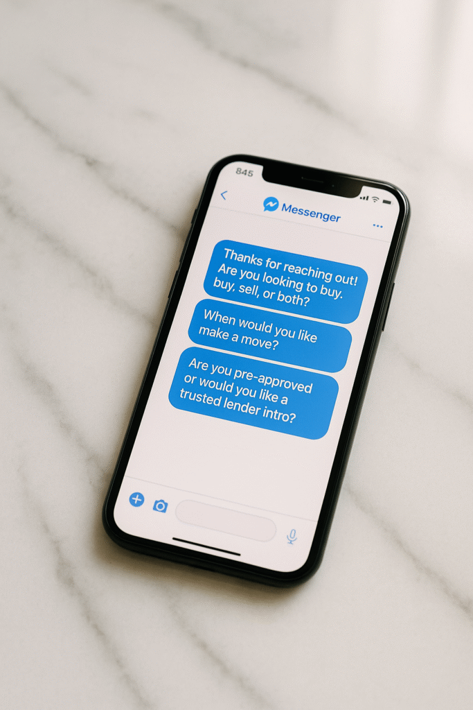 Phone showing Facebook DM qualification questions on a marble desk
