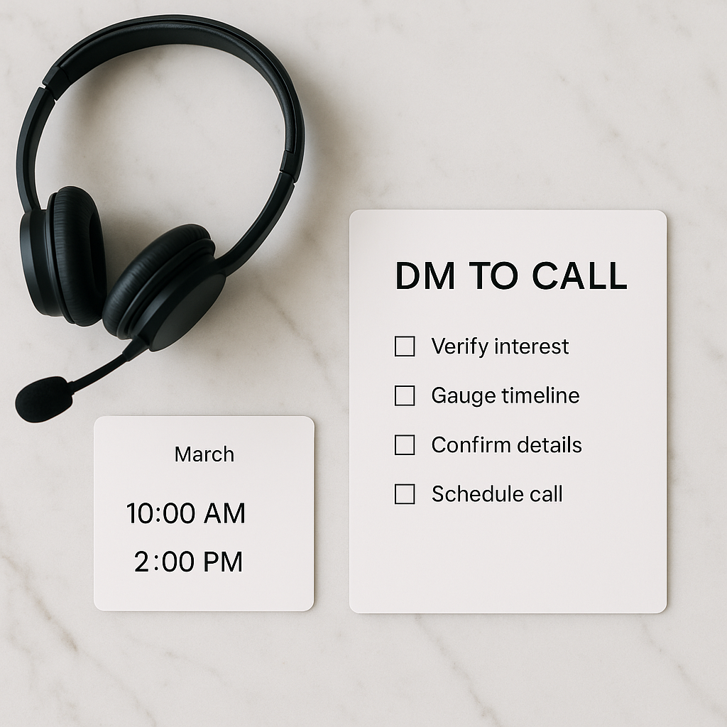 DM to call checklist with calendar times and headset on a clean desk