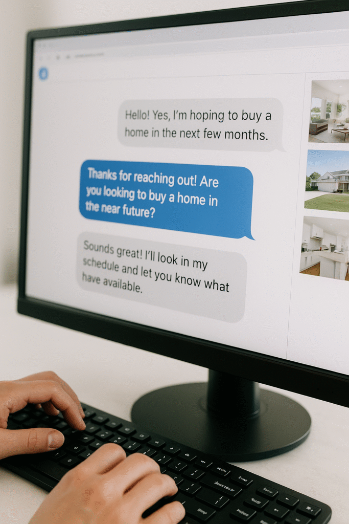 Typing a Facebook Messenger qualification script on a desktop monitor