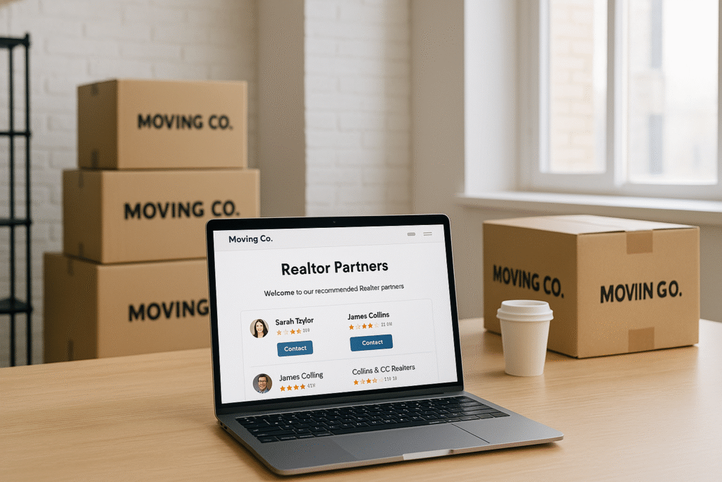 Laptop showing a movers partner page inside a bright moving office