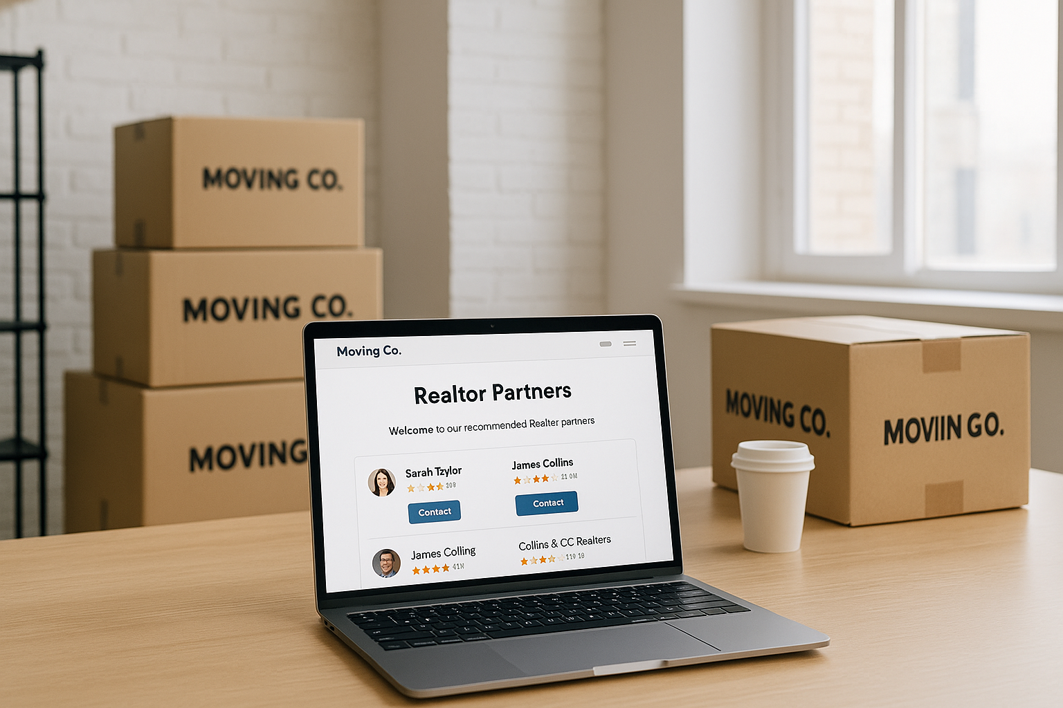 Laptop showing a movers partner page inside a bright moving office