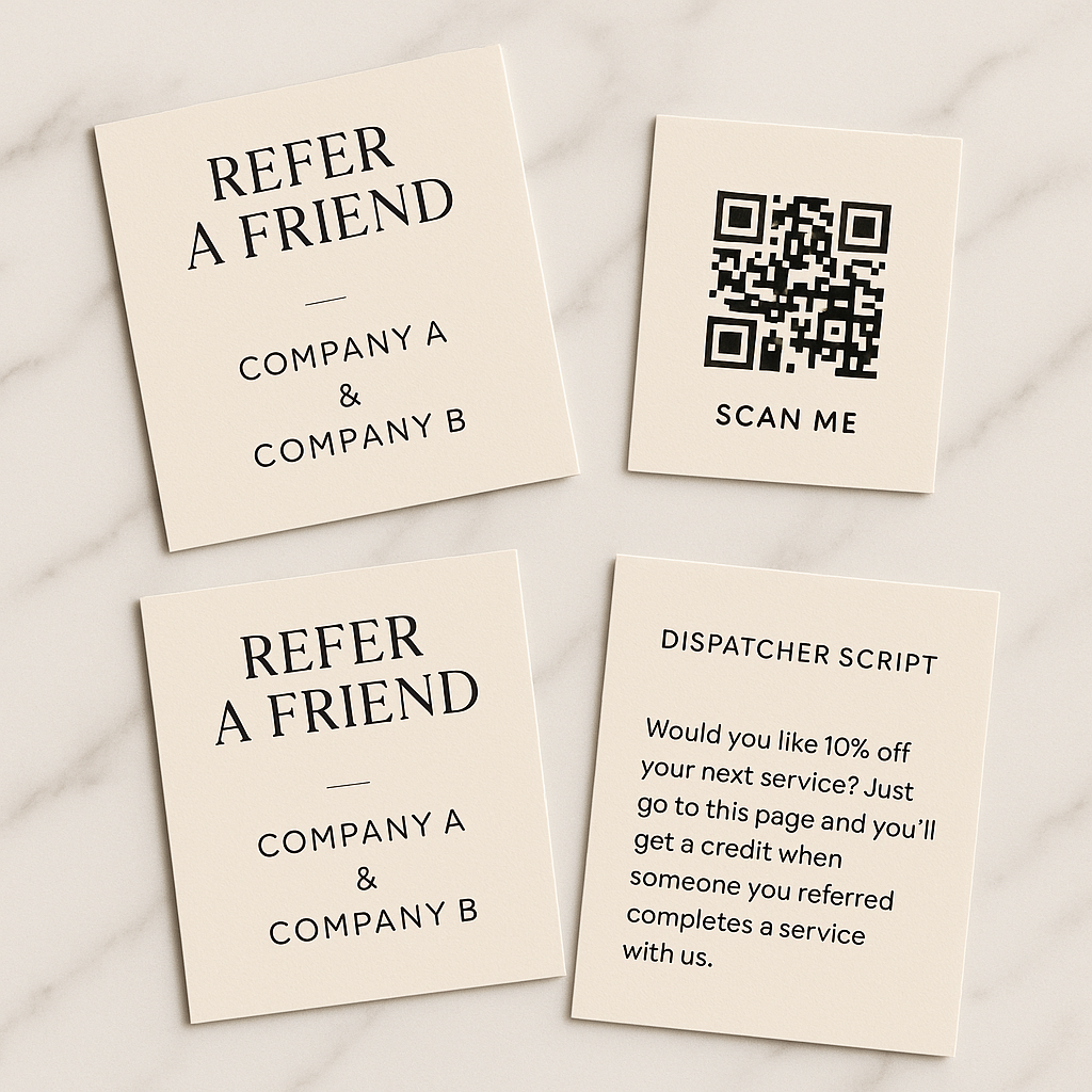 Flat lay of co-branded referral cards, QR code, and a short dispatcher script on a marble desk, minimal luxury aesthetic, soft daylight.