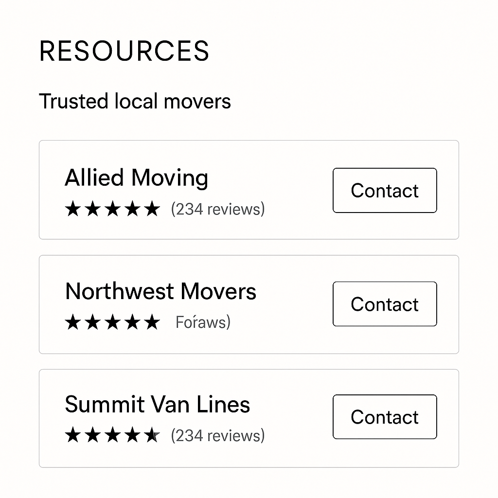 Website resources page featuring trusted local movers with ratings